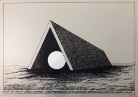 Estrutura simbólica comparativa da massa esférica posicionada sob o edifício na paisagem materializada na Estrutura simbólica comparativa da massa esférica posicionada sob o edifício na paisagem materializada na superfície da mente humana, 2017 Serigrafia Ass. inf. direito Edição P.I.